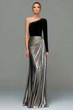 Black and Grey Asymmetrical Neck Ruched Formal Dress