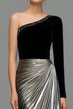 Black and Grey Asymmetrical Neck Ruched Formal Dress