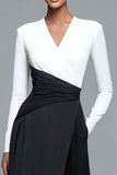 Black and White V-Neck Formal Dress with Long Sleeves