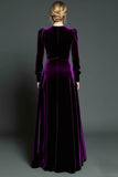 Dark Purple A Line Velvet Long Sleeve Formal Dress