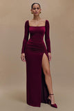 Burgundy Velvet Square Neck Sheath Formal Dress with Slit