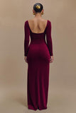 Burgundy Velvet Square Neck Sheath Formal Dress with Slit