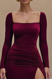 Burgundy Velvet Square Neck Sheath Formal Dress with Slit