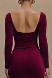 Burgundy Velvet Square Neck Sheath Formal Dress with Slit