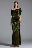 Off The Shoulder Ruched Olive Velvet Formal Dress with Bow