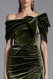 Off The Shoulder Ruched Olive Velvet Formal Dress with Bow