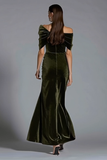 Off The Shoulder Ruched Olive Velvet Formal Dress with Bow