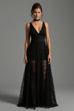 Black Long V-Neck A Line Formal Dress with Lace