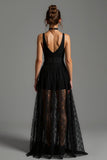 Black Long V-Neck A Line Formal Dress with Lace
