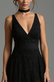 Black Long V-Neck A Line Formal Dress with Lace