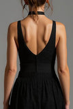 Black Long V-Neck A Line Formal Dress with Lace