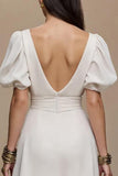 Ivory V-Neck A Line Long Formal Dress