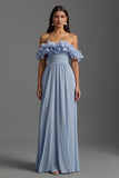 Sky Blue Off The Shoulder A Line Formal Dress with Ruffles