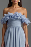 Sky Blue Off The Shoulder A Line Formal Dress with Ruffles