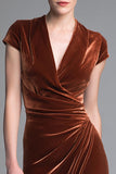 Velvet Caramel V-Neck Sheath Formal Dress