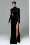Black Long Cut Out Velvet Sheath Formal Dress with Slit