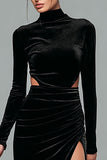 Black Long Cut Out Velvet Sheath Formal Dress with Slit