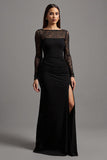 Illusion Long Sleeve Black Sheath Formal Dress with Slit