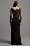 Illusion Long Sleeve Black Sheath Formal Dress with Slit