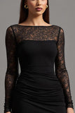 Illusion Long Sleeve Black Sheath Formal Dress with Slit