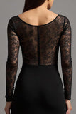 Illusion Long Sleeve Black Sheath Formal Dress with Slit