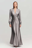 Grey V-Neck Long Sleeve Satin Sheath Formal Dress