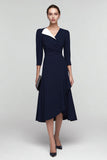 Black And White A-Line V-Neck Midi Work Dress With 3/4 Sleeves