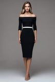 Off The Shoulder Black Pencil Midi Work Dress