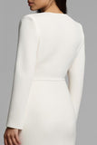 Ivory Sheath Long Sleeve Midi Work Dress with Slit
