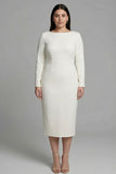 Long Sleeve Ivory Plus Size Midi Formal Dress