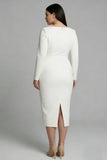Long Sleeve Ivory Plus Size Midi Formal Dress
