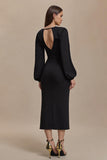 Black Sheath Long Sleeve Midi Work Dress With Slit