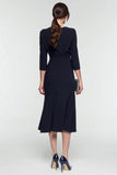 A-Line Black and White Midi Work Dress