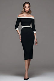 Off The Shoulder Black and White Pencil Work Dress