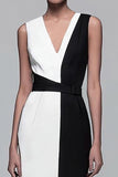 Sheath Black And White V-Neck Business Dress