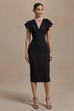 Black V-Neck Midi Work Dress With Ruffles