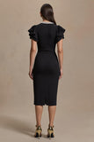 Black V-Neck Midi Work Dress With Ruffles