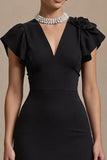 Black V-Neck Midi Work Dress With Ruffles