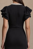 Black V-Neck Midi Work Dress With Ruffles