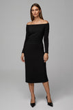Off The Shoulder Black Sheath Midi Work Dress With Long Sleeves