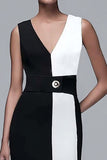 Sheath V Neck Black And White Tea Length Work Dress