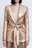 2-Piece Sparkly Gold Peak Lapel Women Prom Suits With Sash