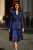 2-Piece Navy Notched Lapel Satin Work Suits
