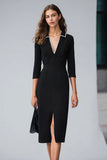 Sheath V-Neck 3/4 Sleeve Black Work Dress With Slit