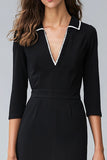 Sheath V-Neck 3/4 Sleeve Black Work Dress With Slit