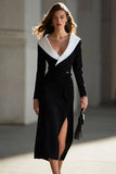 Black and White Long Sleeve Sheath Work Dress With Slit