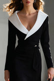 Black and White Long Sleeve Sheath Work Dress With Slit