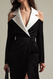 Notched Lapel Sheath Black and White Work Dress With Slit