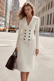 Double Breasted Sheath V-Neck Long Sleeve Ivory Work Dress