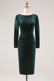 Pencil Velvet Long Sleeve Dark Green Work Dress